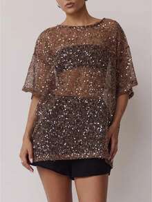 Women Sequin Sheer Short Sleeve Glitter T Shirt Oversized Sparkly Hollow Out Knit Cover Up Beach Y2K Mesh Tee Blouse - Màu nâu Sô-cô-la - Xem 1