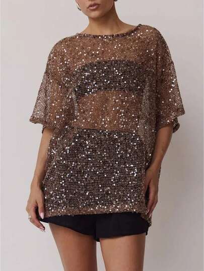 Women Sequin Sheer Short Sleeve Glitter T Shirt Oversized Sparkly Hollow Out Knit Cover Up Beach Y2K Mesh Tee Blouse
