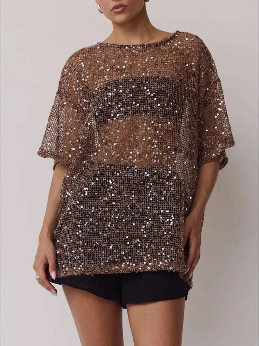 Women Sequin Sheer Short Sleeve Glitter T Shirt Oversized Sparkly Hollow Out Knit Cover Up Beach Y2K Mesh Tee Blouse - Màu nâu Sô-cô-la - Xem 1