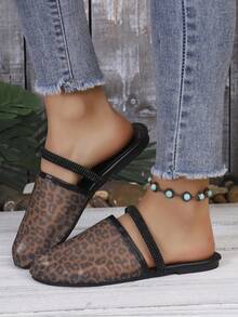 New Women Mesh Leopard Print Flat Slippers, Casual Fashion Comfortable Retro Elegant Wear-Resistant Daily Versatile Style - Brown - View 2