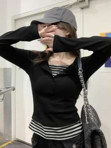 Striped Contrast Button 2 In 1/Deconstructed Office Casual Long Sleeve T-Shirt For Women, Spring & Autumn Black - Black - View 2