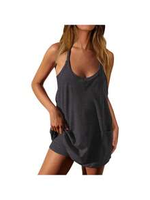Women's Summer Sleeveless Tennis Golf Outfit, Preppy Sport Skirt Set With Built-In Shorts & Pockets - Dark Grey - View 2