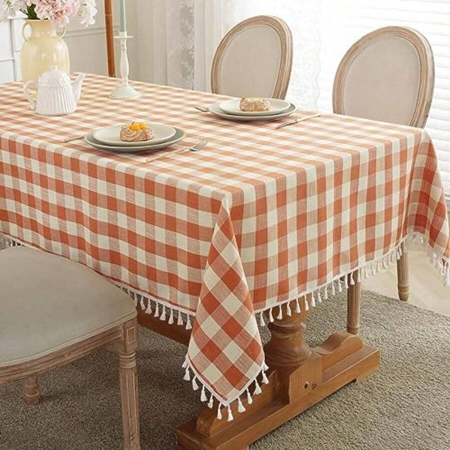 Laolitou Mantel a cuadros de Acción de Gracias para otoño rectangular lavable con borla de lino de algodón a cuadros de búfalo para mesa de mantel cuadriculado para picnic cocina comedor naranja - Naranja - Ver 1