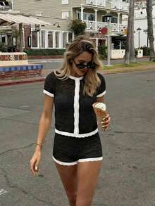 Bộ 2 món áo cardigan dệt kim không tay khoét lỗ gợi cảm dành cho nữ mùa hè + quần short - Bộ 2 món dành cho nữ, bộ đồ dệt kim khoét lỗ gợi cảm ôm sát màu đen - màu đen - Xem 5