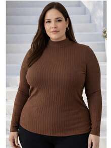 Women's Plus Size Long Sleeve Blouse With Medium High Ribbed Neck, Premium Comfortable Viscose - Óxido marrón - Ver 4