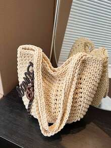 夏季海滩度假手提包，2023新款设计，大容量镂空编织单肩包，通勤两用 - 米色 - 查看 8