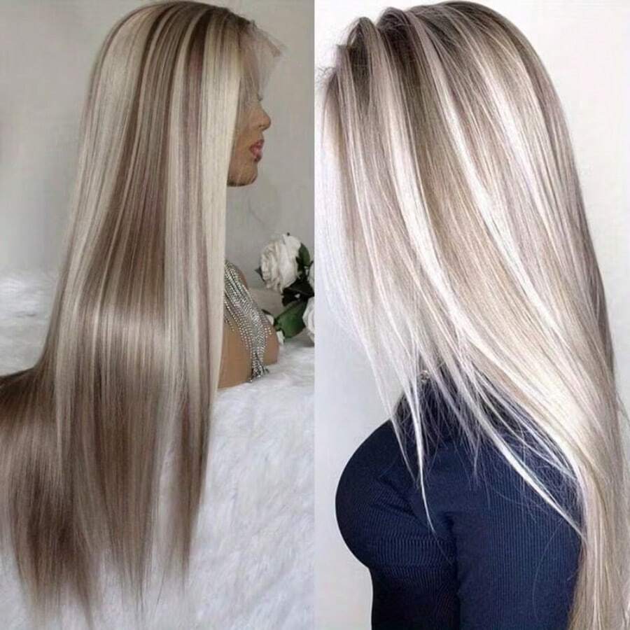 Peluca elegante de cabello liso y largo con flequillo, fibra resistente al calor, adecuada para todos los tonos de piel y razas, peluca sintética natural y de moda, perfecta para uso diario y fiestas. Peluca sintética de cabello largo con flequillo destacado para mujer, color marrón y rubio mezclado. Peluca de fibra sintética suave, natural y hermosa de alta calidad para mujer