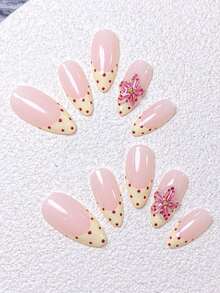 10pcs Handmade Short Almond-Shaped False Nails, French Tip Design, Nude Pink Base, Cream Yellow Nails, Red Polka Dots, White Polka Dot French Tips, Black Bow Decor, 3D Ladybug Accent, Pink 5-Petal Flowers, Cute Style, Hand-Painted 3D 5-Petal Flowers, Accented With Red Beads, Includes Manicure Tools, Easy To Apply And Remove, Premium Almond-Shaped Ladies/Girls False Nails - Baby Pink - View 5