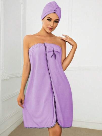 3pcs Cute Coral Fleece Bathrobe Set (Bathrobe + Hair Drying Cap + Headband), Brown