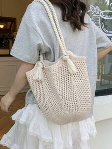 新款休闲手提包，手工草编大容量沙滩包，镂空设计 - 米色 - 查看 6