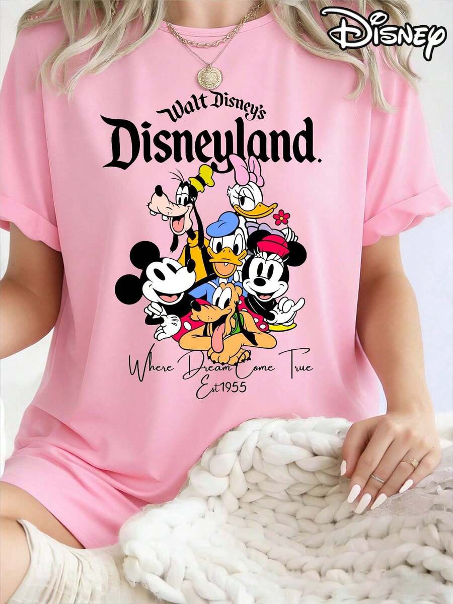 Disney Camiseta para mujer con estampado de letras de a doble cara. Confeccionada en tejido 100 % algodón, suave, cómodo y duradero. Esta camiseta de cuello redondo para mujer de primavera/verano es perfecta para el día a día, para ir de compras, para fiestas, para viajar y para reuniones, lo que la convierte en una excelente opción de regalo. - Rosa - Ver 1