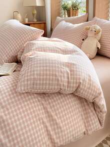 卡其色格子床罩，大号 - 超柔软被套系列 - 轻盈透气，适合女孩 - 柔软透气床品（大号，白色，黑色） - 藕粉色 - 查看 7