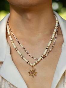 2件套男士冲浪项链，木珠项链，椰壳项链，沙滩项链，夏威夷夏季饰品 - 金色 - 查看 3