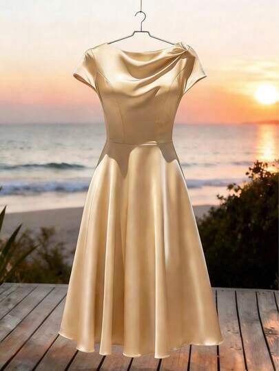 女士休闲优雅百搭纯色设计垂褶高领插肩袖修身连衣裙，后背拉链，收腰设计，A字裙摆，春夏款