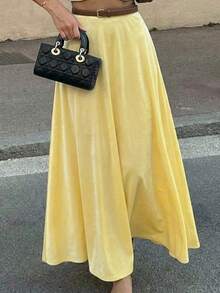 Elegant Knitted Long Flared Skirt, Women's Fashion Party Outfit, Medium Stretch Spring - Yellow - View 1
