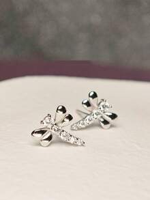 1 Pair S925 Sterling Silver Unique Creative Dragonfly Design Minimalist Earrings, Suitable For Women's Daily Wear - Silver - View 2