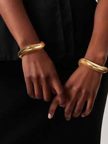 2pcs/Set Minimalist Asymmetric Water Drop Metal Bangle Set, Thick Solid Gold-Tone Alloy Material, For Women - Gold B - View 3