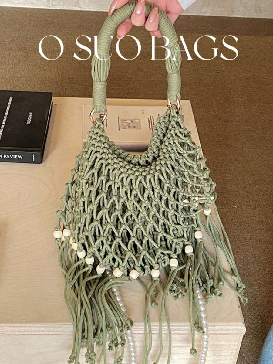 Bolso de mano para mujer, de moda, minimalista, elegante y versátil, de paja tejida a ganchillo con borla, con correa de hombro desmontable con perlas, adecuado para la playa, vacaciones, días festivos, verano, la y otras ocasiones