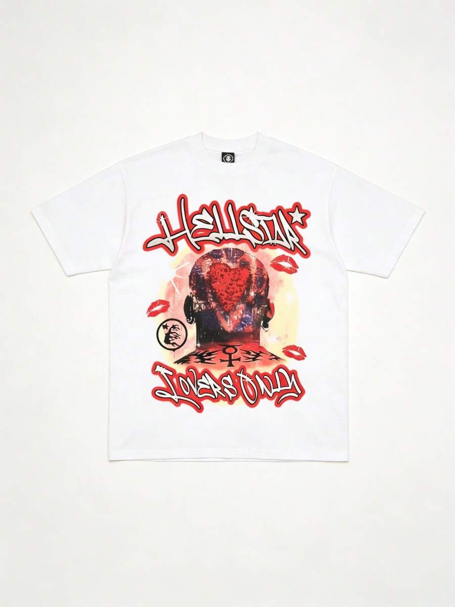 Hellstars Lovers Only Heart Portrait Y2K Graphic T-Shirt,220g 100% Cotton,Round Neck Short Sleeve,White Streetwear Essential,Unisex Style - White - View 1