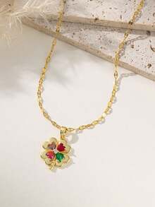 1 chiếc mặt dây chuyền hình cỏ bốn lá màu vàng đồng, trang sức thanh lịch, ngọt ngào, mang lại may mắn, thích hợp cho hẹn hò và đeo hàng ngày (Đóng gói trong túi OPP) - Vàng - Xem 3