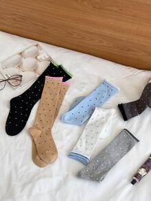 1双女士过膝袜，波点学院风修身显瘦袜，适合春夏穿着，可搭配裙子，百搭实用 - 彩色 - 查看 4