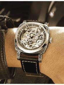 1pc Men's Black Zinc Alloy Business Style Luminous Carved Automatic Tourbillon Hollow Mechanical Watch - Black - View 4