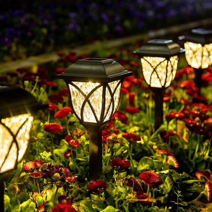 Luces solares para jardín y patio con espigas de tierra y rejilla cuadrada. Espigas de tierra resistentes a la intemperie con protección contra la lluvia. Juego de 6 piezas. Color negro. Luz blanca cálida. - Negro - Ver 1
