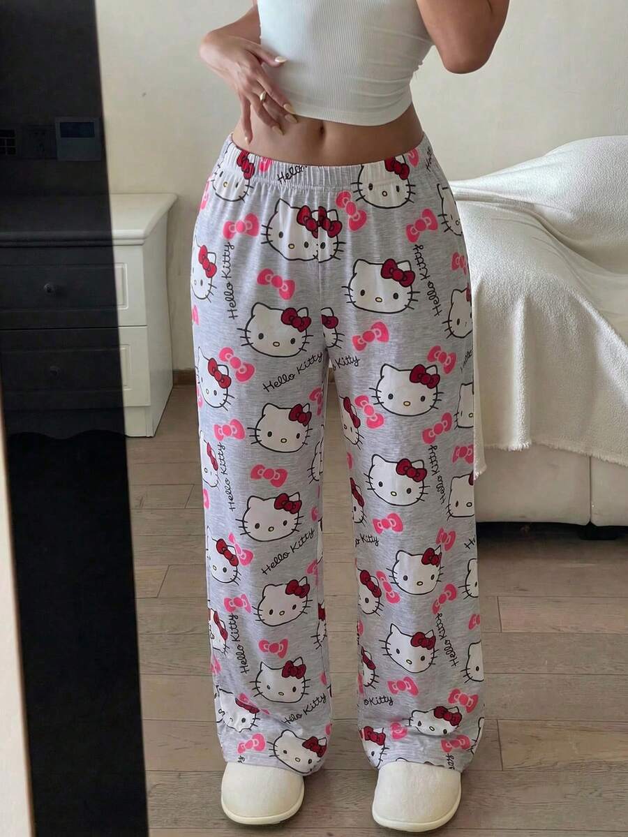 SANRIO 1pc Soft & Cute Grey All-Over Print Straight Leg Pants, Cartoon Sleepwear For Women - Light Grey - View 1