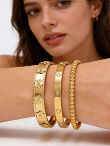 1件装时尚18K镀金不锈钢花朵手镯，女士款，欧美风格派对及婚礼首饰礼品 - 金色 - 查看 2