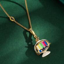 1pc Elegant Brass Plated Gold 3D Butterfly Colorful TV Pendant Necklace, Hand-Painted Enamel Cute Charm, Suitable For Women's Daily Wear - 電視機吊墜項鍊 - 查看 2