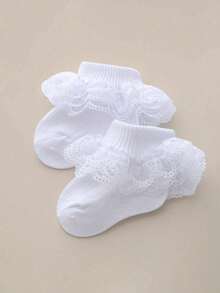 5 Pairs Newborn Baby Girls White Lace Ruffle Socks, Breathable Princess Style Pleated Socks Suitable For Newborns & Toddlers - Multicolor - View 10