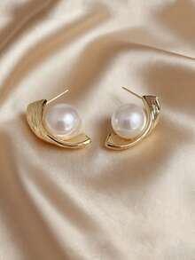 1 par de pendientes de perla envueltos, diseño minimalista único y de moda, accesorios elegantes y versátiles para mujeres - Dorado - Ver 1