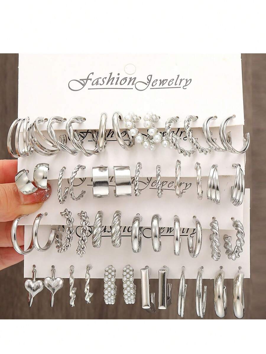 48pcs Braided Chain Earring Set, Creative Minimalist Geometric Hoop Earrings - Silver - View 1