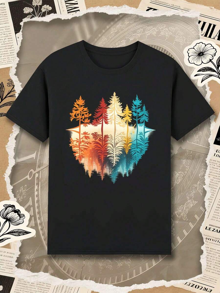 OVERSIZED Sunset Forest Reflection TShirt Spring Premium Cotton Unique Graphic Print Street Hip-Hop Breathable - Black - View 1