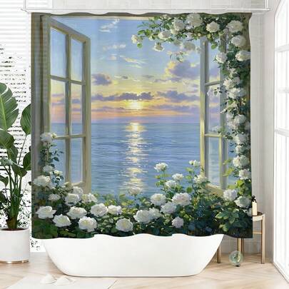 1pc Artistic Floral & Ocean Themed Shower Curtain, Made Of Polyester, Waterproof, Non-Sheer, Suitable For Home And Bathroom Decor, Comes With 12 Hooks.