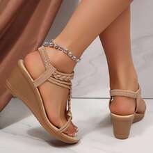 Women's Braided Strappy Open Toe Wedges Sandals Pu Leather Dressy Slingback Slides Shoes Summer Casual Walking Platform Bohemian - Màu be - Xem 9