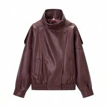 Seelio Autumn/Winter New Women's Fashion Minimalist Versatile Embossed Leather Jacket, European & American Style - Burgundy - View 2