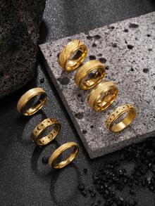 7pcs 18K Gold Plated Stainless Steel Ring Set, Matte Finish, Hollow Starry Sky Pattern Rings, Elegant Men's Rings, Suitable For Wedding, Gift For Boyfriend, Girlfriend, Classmates - Gold - View 3