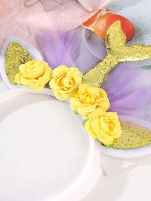 1件梦幻美人鱼闪光发箍，花朵薄纱装饰，可爱甜美发圈 - 彩色 - 查看 4