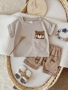 Set de 2 piezas de camiseta de manga corta y pantalones cortos casuales con textura de gofre y bordado de oso para bebés e infantes unisex, para verano - Albaricoque - Ver 2