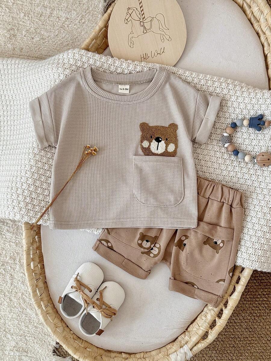 Set de 2 piezas de camiseta de manga corta y pantalones cortos casuales con textura de gofre y bordado de oso para bebés e infantes unisex, para verano