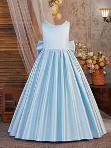 Vestido de daminha de honra elegante, sem mangas, com decote nas costas, costas abertas e detalhes em pérolas sintéticas, ideal para festas de aniversário, casamentos e ocasiões formais. Não inclui tiara. - Baby Azul - Ver 2