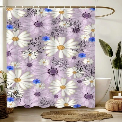 1pc Sweet Plant Flower Shower Curtain, Country Daisy Flower Printed Shower Curtain, Suitable For Various Room Doors, Windows, Bathroom Decoration Partitions, Bathroom Accessories,