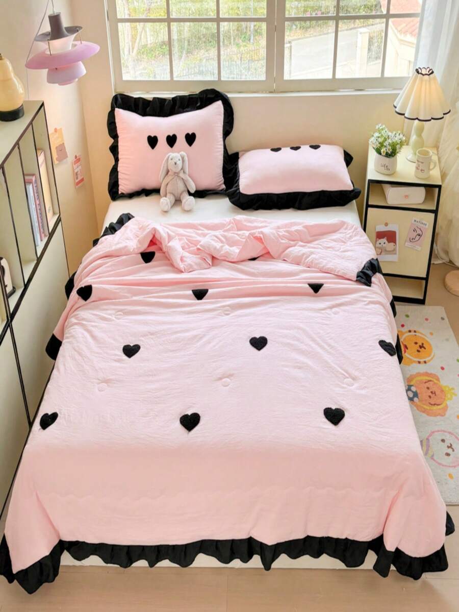 3pcs Heart Embroidery Bedding Set, Quilted Blanket And Pillowcase Coverlet - Pink - View 1