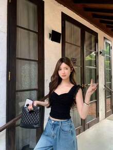 浪漫蕾丝弹力短款上衣，休闲百搭设计，显瘦黑色 - 黑色 - 查看 6