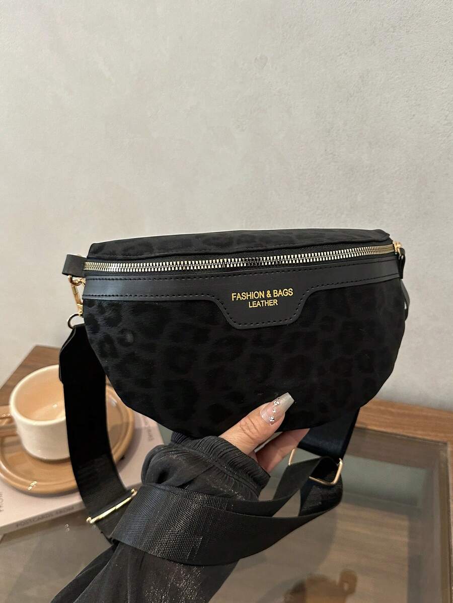 Y2K复古链条装饰千禧风格千鸟格豹纹复古肩带腰包 - 黑色 - 查看 1