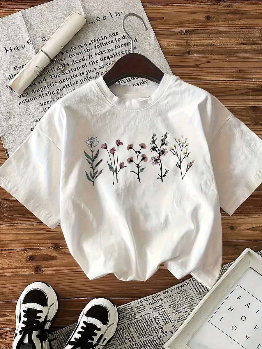 Women's Floral Plant Print T-Shirt - Soft And Comfortable Everyday Top, Loose Round Neck Short Sleeve Shirt, Machine Washable Spring Fashion Casual Wear, Artistic Design  Style, Comfortable Fabric - 預設1 - 查看 1