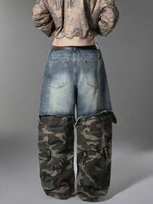 Hong Kong Style Vintage Men's Jeans, Distressed Whisker Multi-Pocket, Patchwork Versatile All-Season Pants (Belt & Accessories Not Included) - Blue - View 8