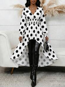 Polka Dot Print Front Short Back Long Casual Top - White - View 4