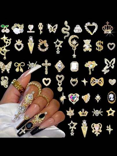 Mix 30pcs Nail Charms Nails, Unas Nail Supplies, Cherry, Heart, Crown, Coin, Bear, Bow, Cross, Portrait, Five-Pointed Star, Wreath, Star, Spider, Maple Leaf, Snake, Diamond-Encrusted Gold Nail Charms, Luxury Fashion Metal Nail Supplies For Weddings, Music Festivals, Shiny White Rhinestones Nail Gems, Suitable For Multi-Functional DIY Accessories.